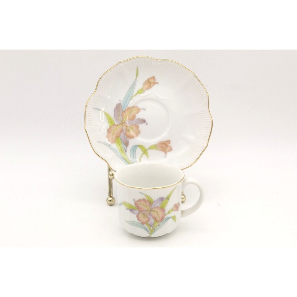 Peach Orchids Cup and Saucer Demitasse Otagiri Japanese Porcelain Ribbed Tea
